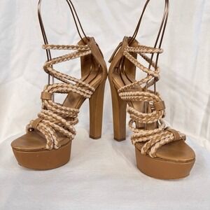 L.A.M.B. Gwen Stefani Tan braided leather platform heals Morisa gladiator sz 6